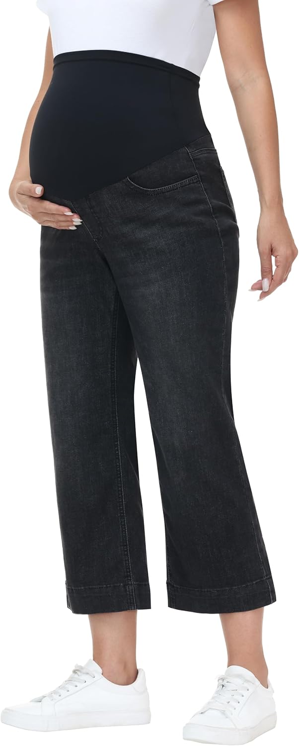 Women's Maternity Jeans Stretchy Wide Leg Cropped Denim Pants Over Belly Pregnancy Capris Jeans