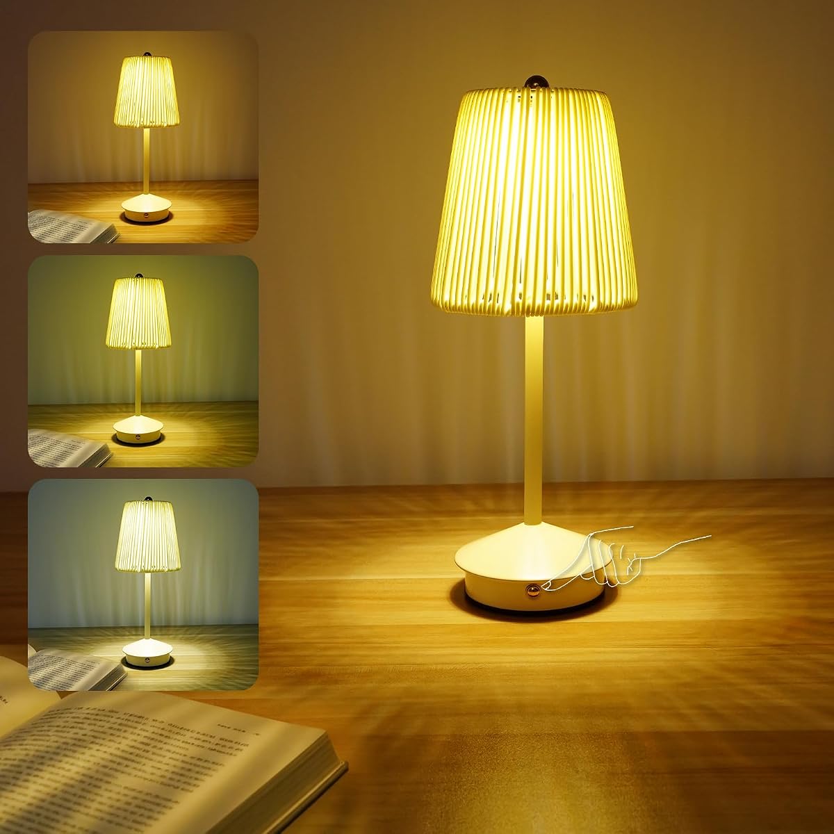 Boho Rattan Table Lamp Cordless Wicker Woven Vintage Table Lamp - LED