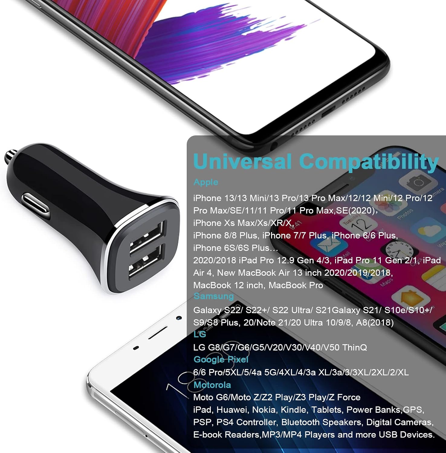 Car Charger Adapter, Car Charger Fast Charge, 2 Pack 4.8A Dual USB Cigarette Lighter USB Charger for iPhone 14 13 12 11 Pro Max,XR/XS/X,8/7/6, iPad, Samsung Galaxy S22 S21 S20,Note 20, Google Pixel