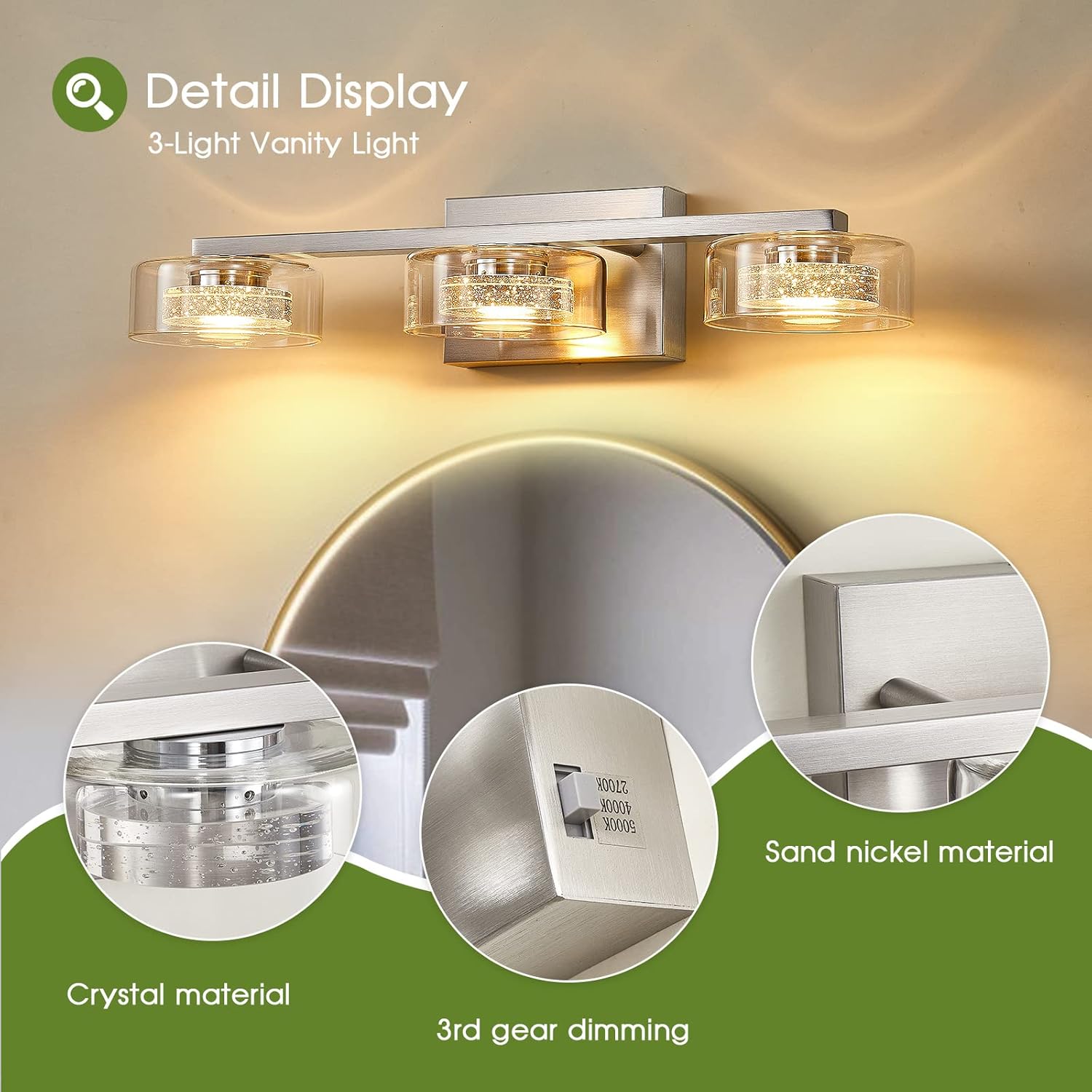 Zhizenl Bathroom Light Fixtures, Dimmable LED 3 Light Bathroom Vanity Light Over Mirror, Modern Crystal Brushed Nickel Vanity Lights with Clear Glass Shade for Bedroom Living Room - - 