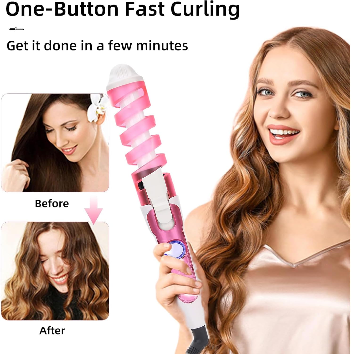 Spiral Hair Curler and Crimper - Electric Curling Wand, Curling Iron for Hairstyling, Negative Ions Lock in Moisture, 110-240V, Gift for Women and Girls (US)