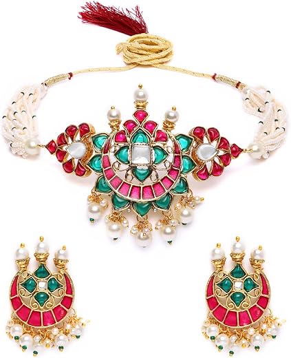 Zaveri Pearls Pink &amp; Green Meenakari Multistrand Pearls Choker Necklace &amp; Earring Set For Women-ZPFK10242