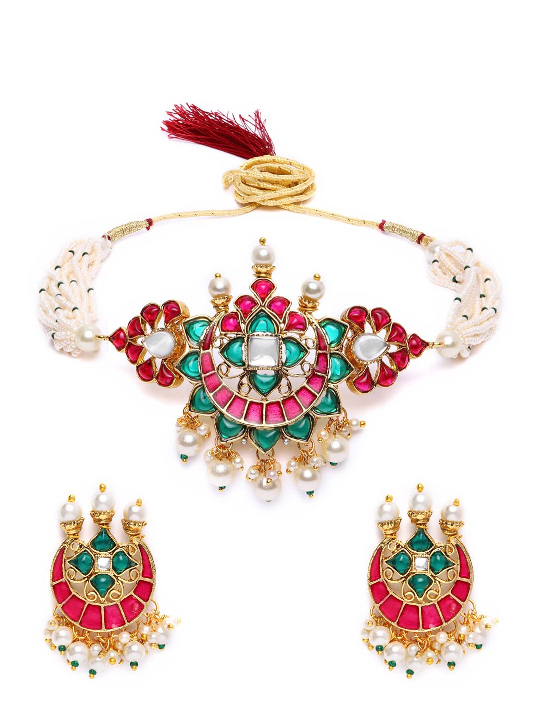 Zaveri Pearls Pink & Green Meenakari Multistrand Pearls Choker Necklace & Earring Set For Women-ZPFK10242 - Review, Price and Buying Guide