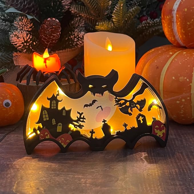 SULOLI Halloween Wooden Lighted Table Decoration, Light Up Bat Table Ornament Wooden Shadow Box for Halloween Party Dinner Coffee Table Decoration