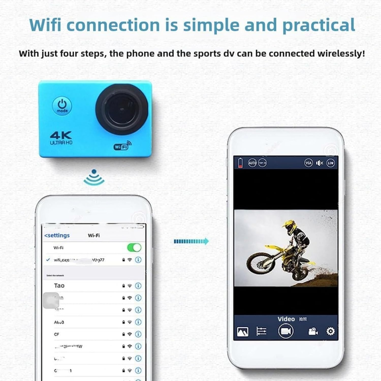 Smartphone screen showing WiFi settings connected to the Roamix Vision+ 4K Action Camera, with a live view of a sports activity.