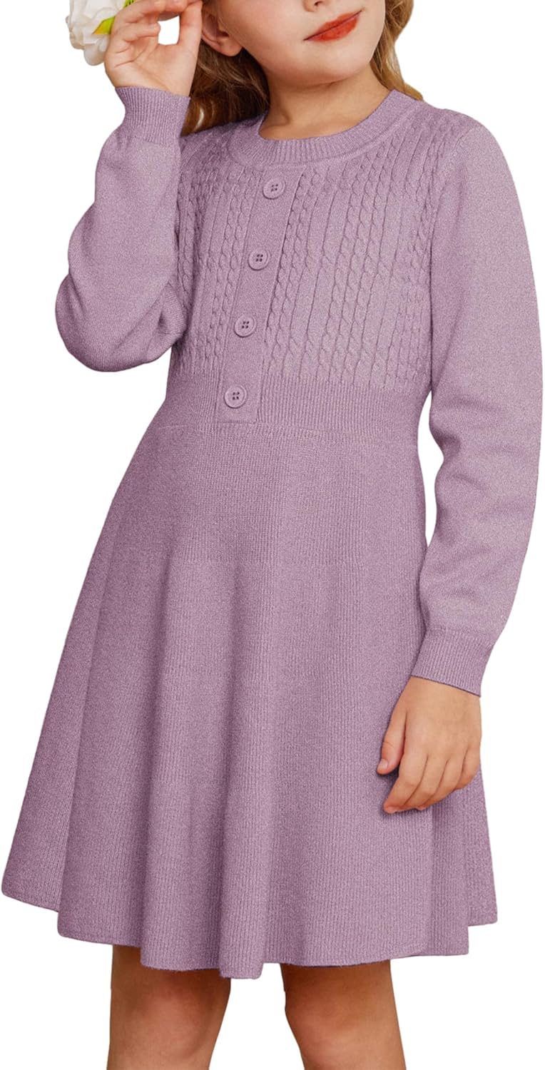 GRACE KARIN Girl Dress Long Sleeve Sweater Ruffle Button Front Knit Casual Fall Winter Dresses for Girls 5-12