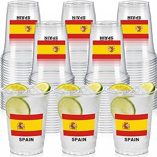 Honeydak 50 Pcs 12 oz Spain Disposable Cups Bulk Spanish Flag Clear Plastic Cups Spain Party Decoration Red Yellow Party Favors for Spanish Fan Family Christmas Decorations Supplies