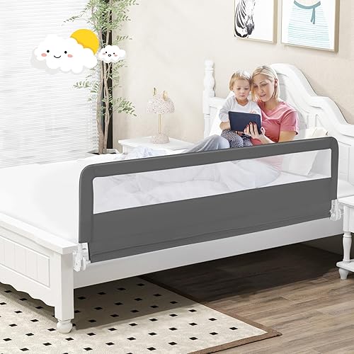 Miniatura 9 de BABY JOY Rieles de cama para niños pequeños, 71 pulgadas, extra largo, protector de cama abatible con correa de seguridad, barandilla plegable para