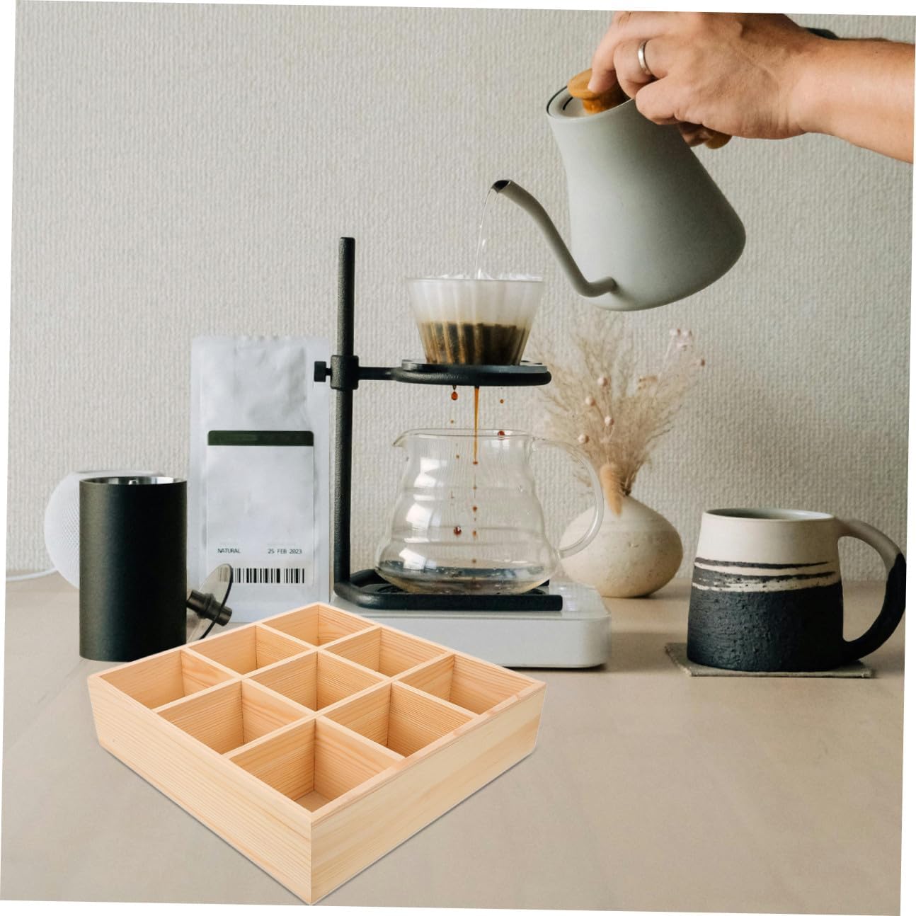 PRETYZOOM Wooden Compartment Organizer for Tea Bags and Coffee Packets Multi Functional Storage Box for Sugar Packets for Kitchen Countertop and Coffee Stations