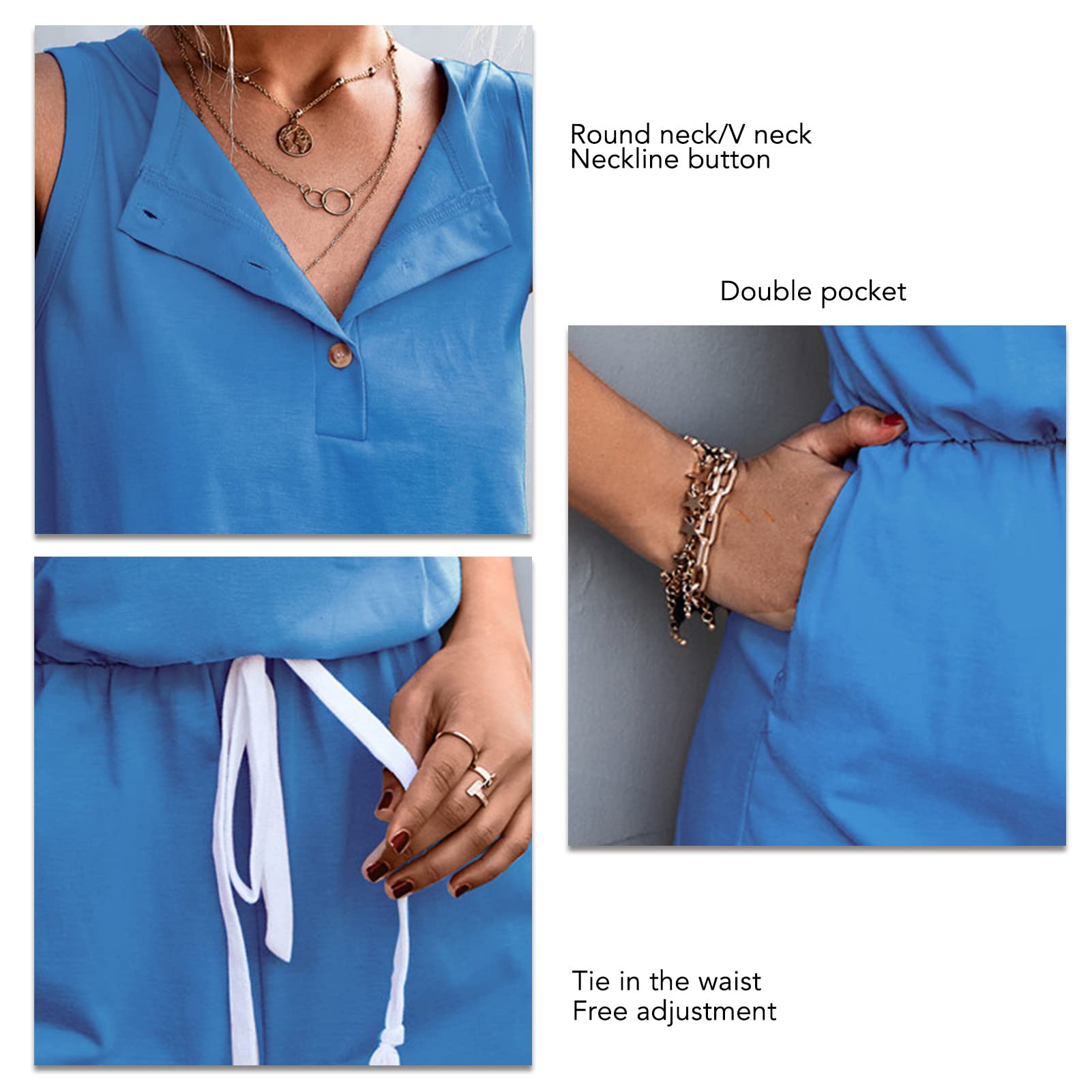 Femmes Barboteuse Femme sans Manches Col en V Combinaison Courte été Une Pièce Ceinturée Combishort Plage Barboteuse Décontracté avec Poches(m-Bleu)
