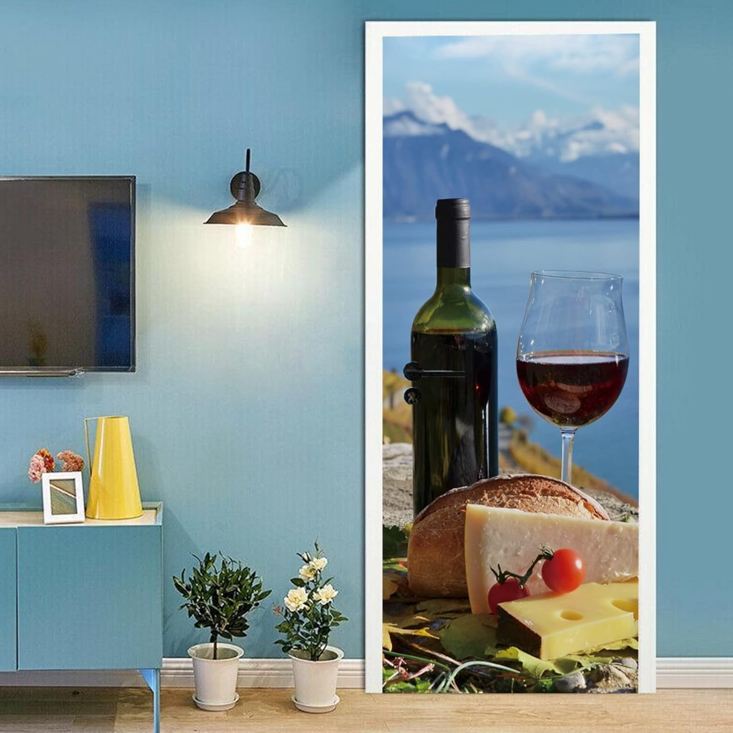 A.Monamour 3D Door Stickers for Interior Doors Red Wine Cheese and Bread at A Picnic in Switzerland Vinyl Removable Self Adhesive Door Poster Wallpaper Mural Decals for Bedroom Office 77x200cm