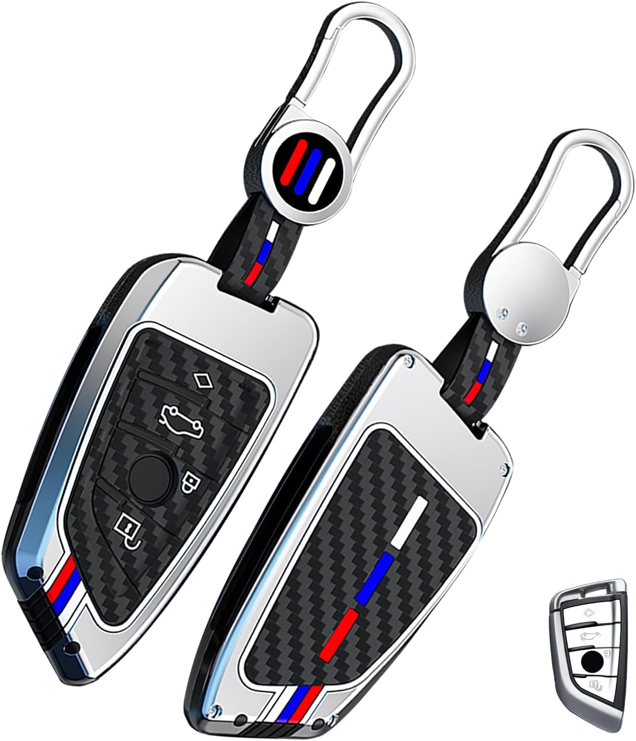 OLLEN Heavy Zinc Alloy Key Fob Cover, Fit for BMW 2 5 6 7 Series X1 X2 X3 X5 X6 GT Series, Full Protection Remote Fob Cover with Carbon Fiber Pattern, Blade Shape, Gunmetal (1 Pcs)