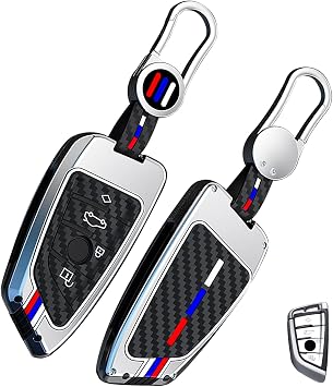 OLLEN Heavy Zinc Alloy Key Fob Cover, Fit for BMW 2 5 6 7 Series X1 X2 X3 X5 X6 GT Series, Full Protection Remote Fob Cover with Carbon Fiber Pattern, Blade Shape, Silver1 Pcs