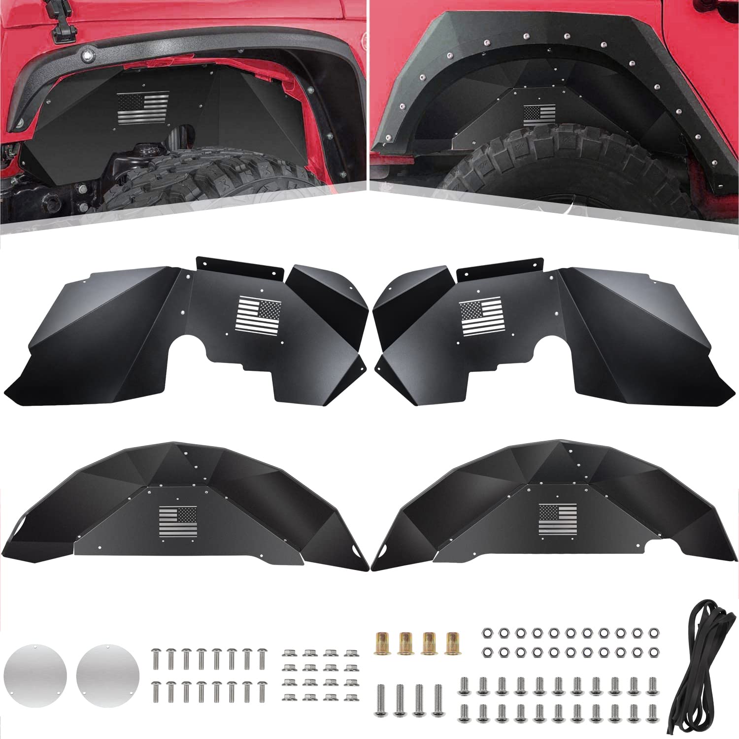 Photo 1 of Front & Rear Inner Fender Liners for Jeep Wrangler JK JKU 2007-2018 4WD US Flag Logo Aluminum Lightweight Splash Guards (Black)