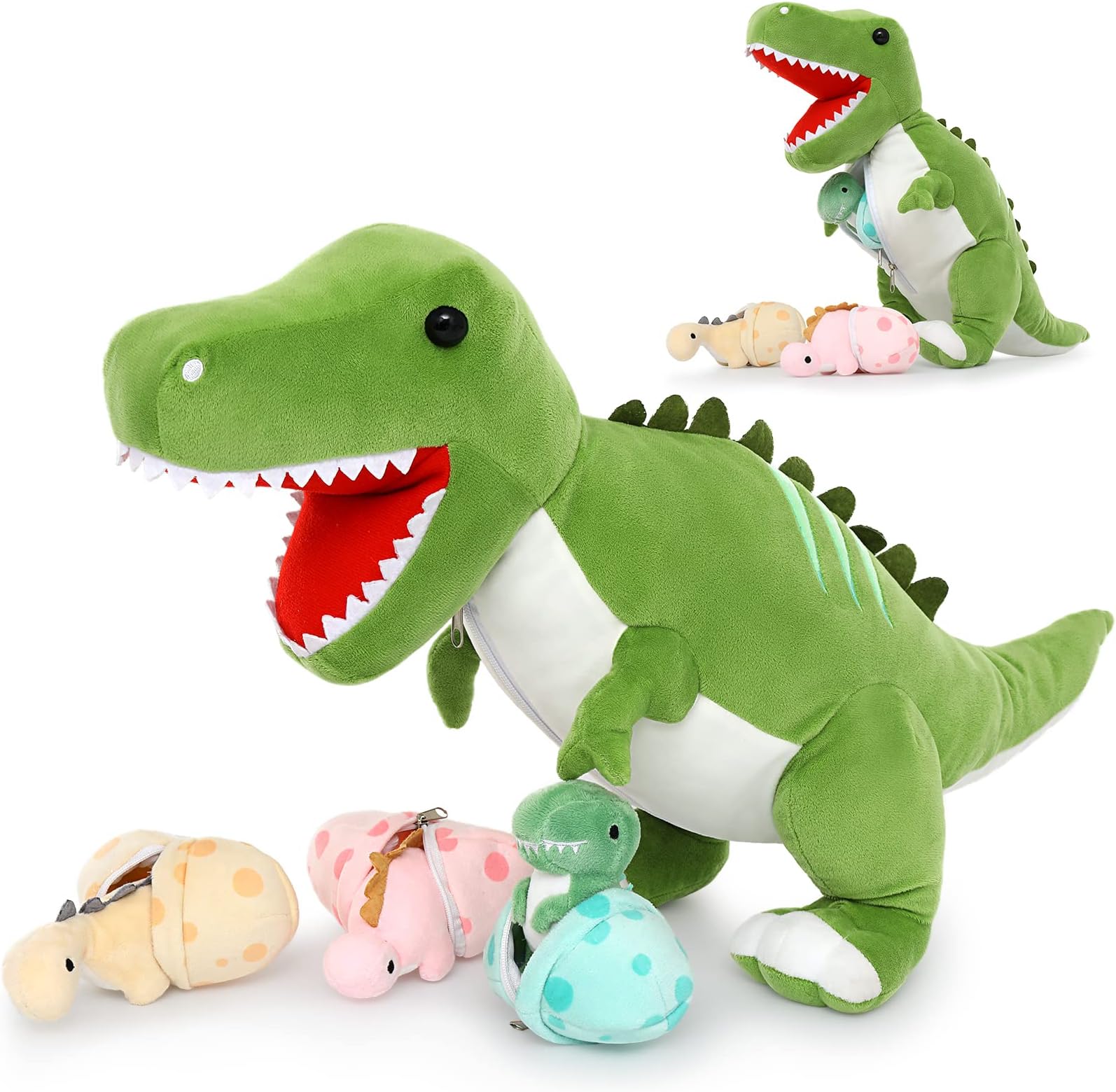 Giant Dinosaur Stuffed Animal 23.6'' Big T-Rex Mommy Dinosaur Plush Toy with 3 Cute Baby Dinosaurs & 3 Egg Bags Inside its Zippered Tummy for Boys Girls