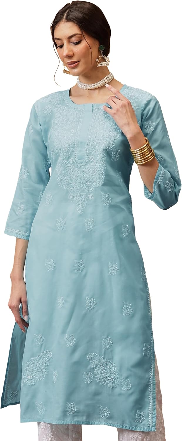 Ada Indian Hand Embroidered Chikankari Straight Cotton Kurti Kurta Tunic for Women A208470