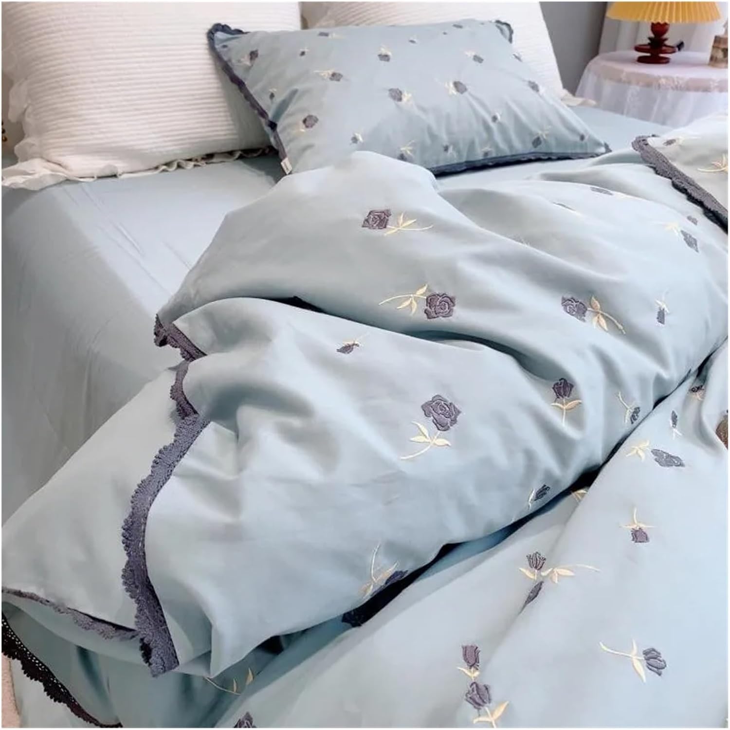 Chic Embroidery V-intage Rose Flowers White Duvet Cover Set Double Queen King 4Pc 1000TC Cotton Brushed Soft Bed Sheet Pillowcase,Bed