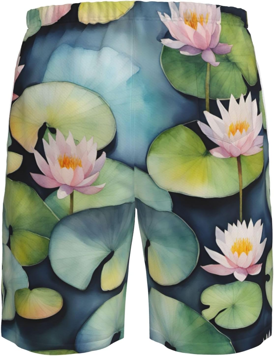 Mens Black Lily Pads Print Beach Shorts,Casual Summer Shorts for Men,Quick Dry Polyester