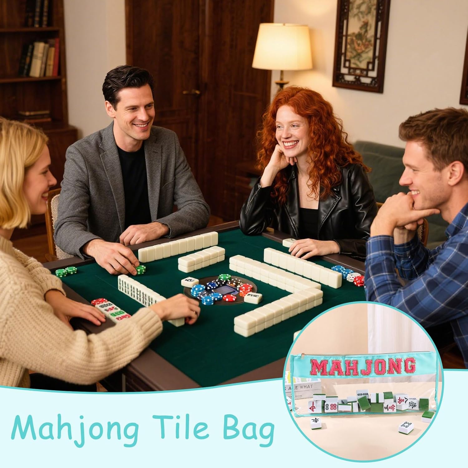 WREWING Empty Mahjong Tile Bag, Clear Mahjong Case for American Mah jong Set, Letters Mahjongs Bags with Zippered, 20.67 x 9.65 Inches, Case Only, Gift for Mah Jong Lover (Blue)