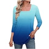 Borniu Women's 3/4 Sleeve Shirts Square Neck Summer Loose Tunic Tops Dressy Casual Colorblock Tees Ladies T Shirts Blouses