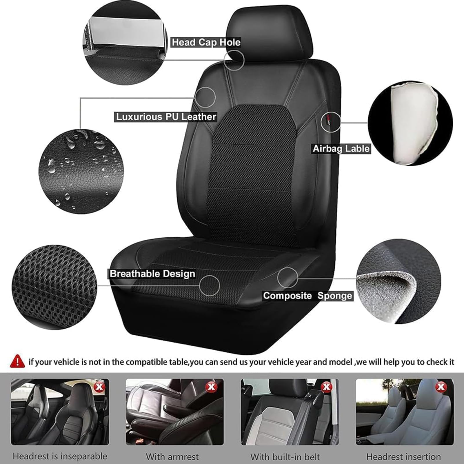 Housses de Siège Voiture pour Hyundai Kona Hybrid Electric SUV 2018-2026 | Ensemble Complet de Housses Siege Auto en Cuir PU Imperméable Antidérapant,Black
