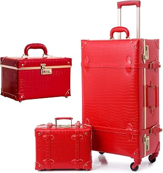 urecity Vintage French Lipstick Red PU Leather Luggage Set of 3 Pieces, 26 Inch Spinner Luggage, 12.5 Inch Train Case and 12 Inch Tote Case with Shoulder Strap