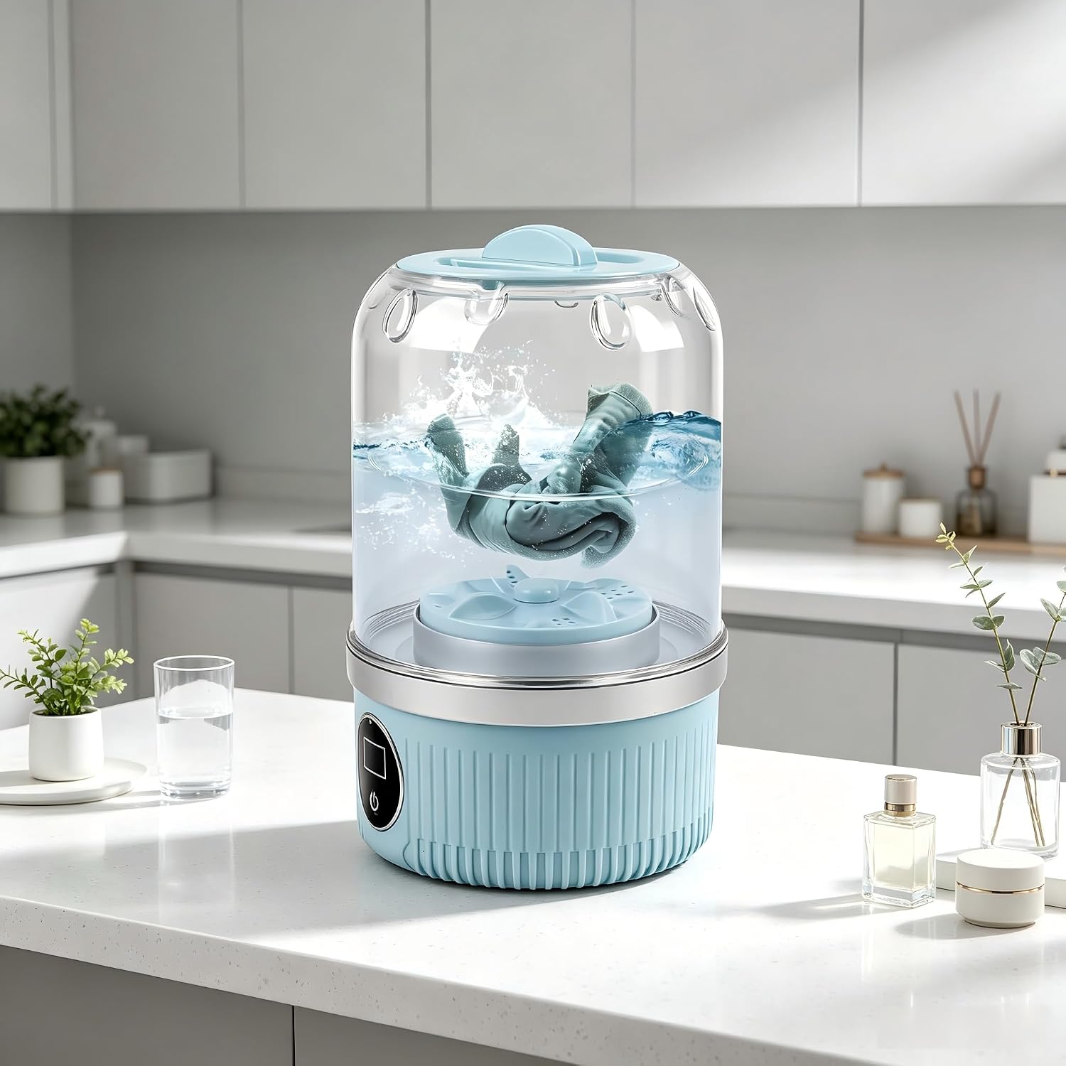 15W Cordless Mini Washing Machine, Rechargeable 3000mAh Portable Laundry Cup with 2 Wash Modes, USB Type-C Powered Small Washer for Underwear, Socks, Baby Clothes, Travel & Dorm Use, Blue