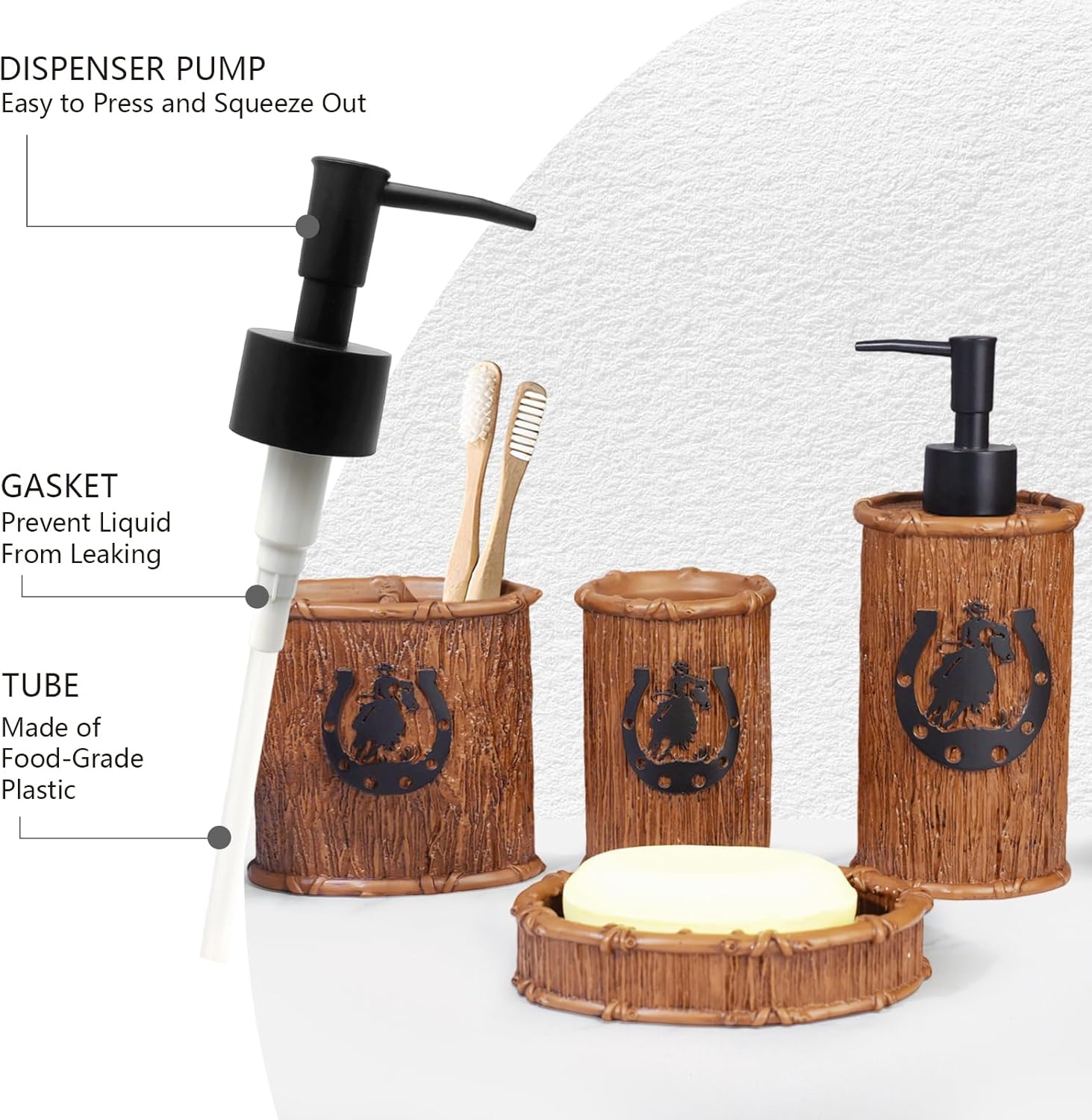 Bathroom Accessory Sets 4PCS Bathroom Accessories Set Complete Western Rustic Horseshoes Decoration Includes Lotion Dispenser Toothbrush Holder Tumbler Cup & Soal Dish