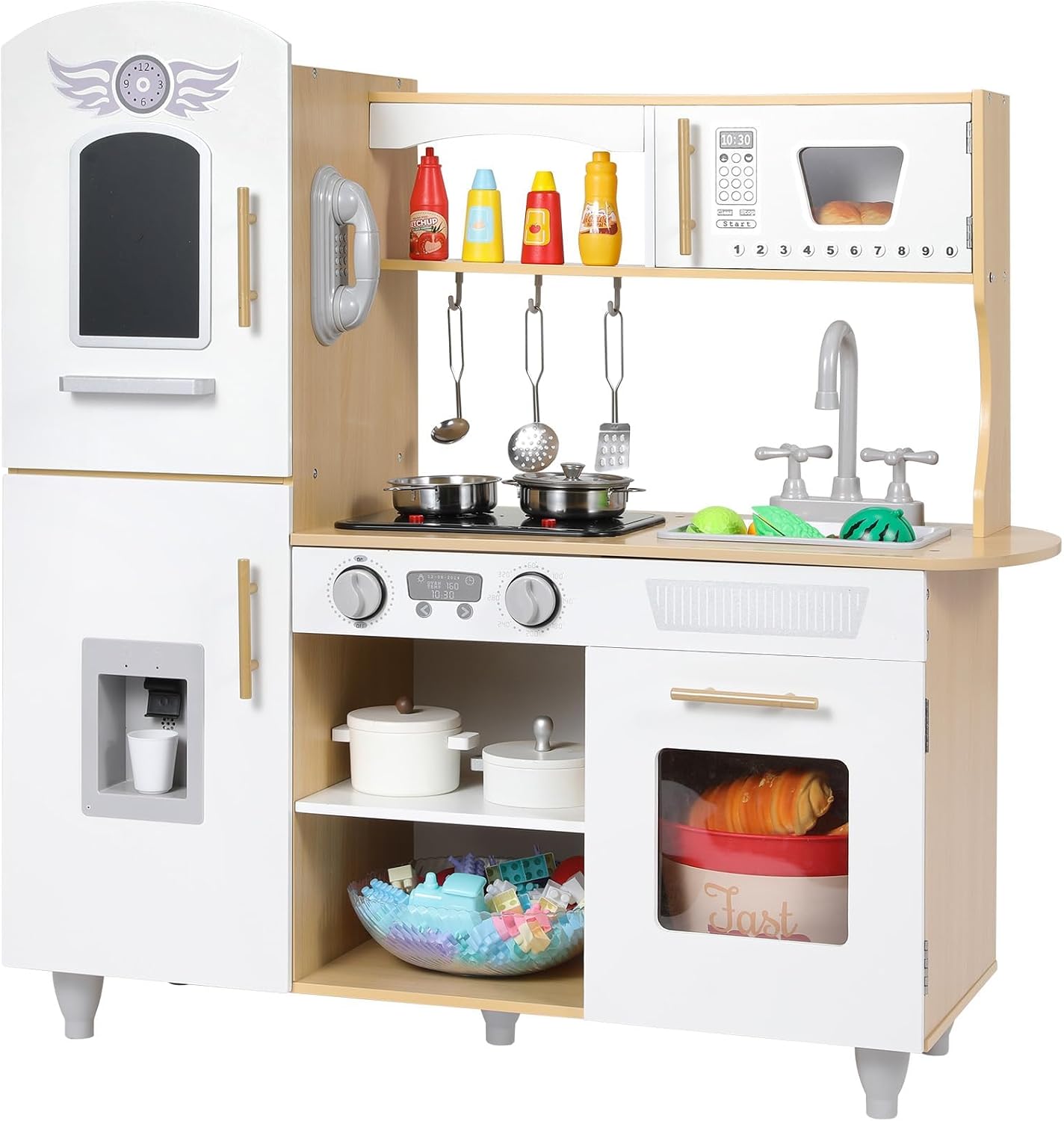 MAMIZO Wooden Play Kitchen Set for Kids, Toy Kitchen with Sound & Light, Play Kitchen with Ice Cream Maker, Telephone, Utensil, Role Play Kitchen Accessories, Little Chef Kitchen Playset, 79x82x30 cm