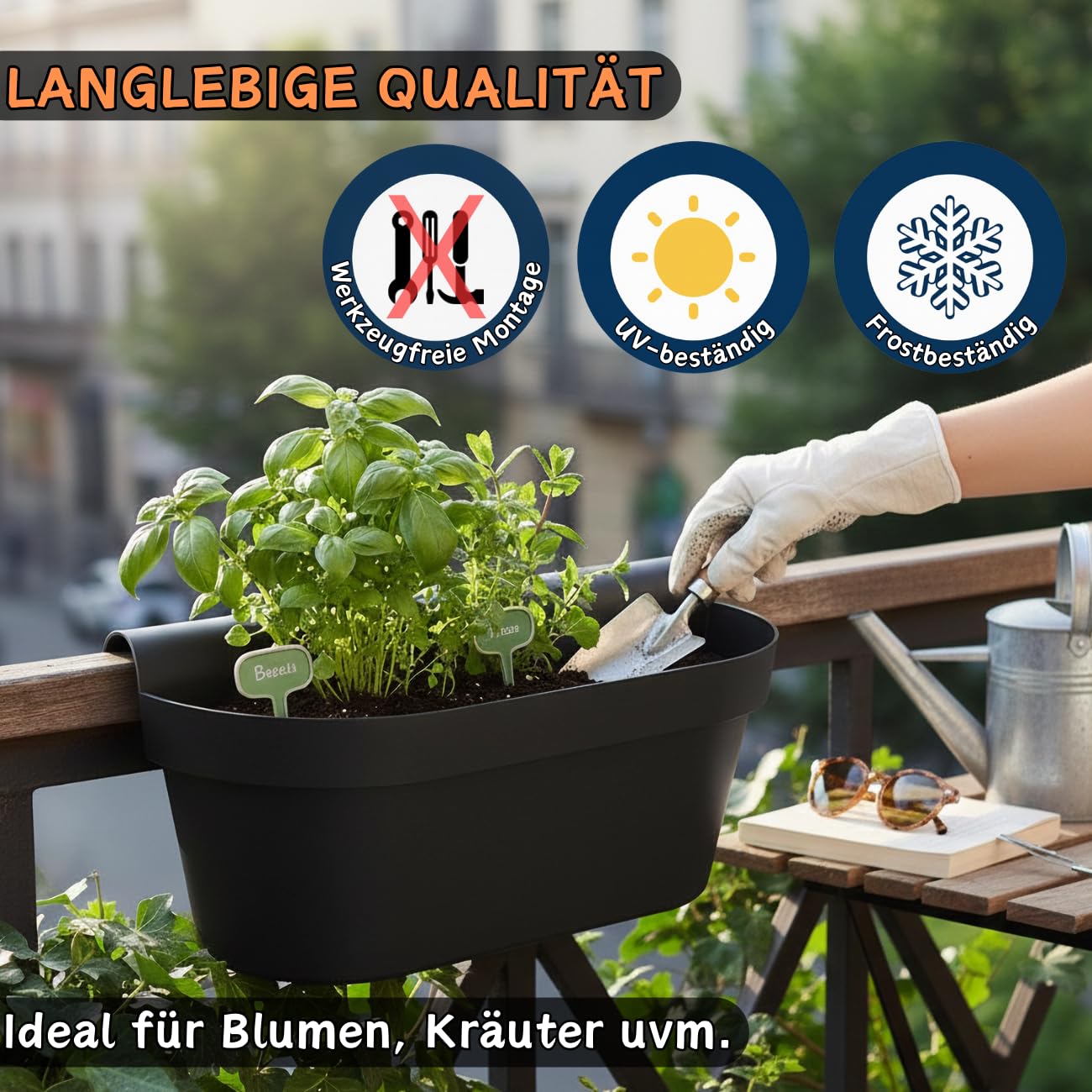 3 x Balkonkasten für Geländer & Zaun, Anthrazit, Blumentopf mit Wasserspeicher, Blumenkasten zum EIN-Hängen, Balkontopf, Pflanzkasten, 49 x 20,5 x 23 cm, Außenbereich, Kunststoff