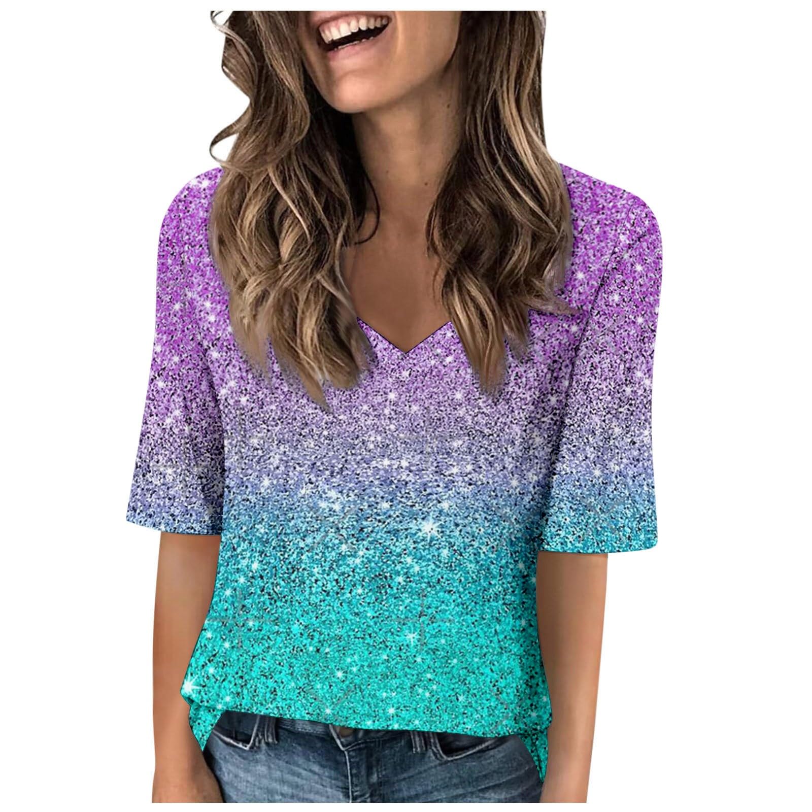 Womens Summer Tops Half Sleeve V Neck Shirts Casual Loose Fit Printed Elbow Length Sleeve Blouses Womens Bodysuit