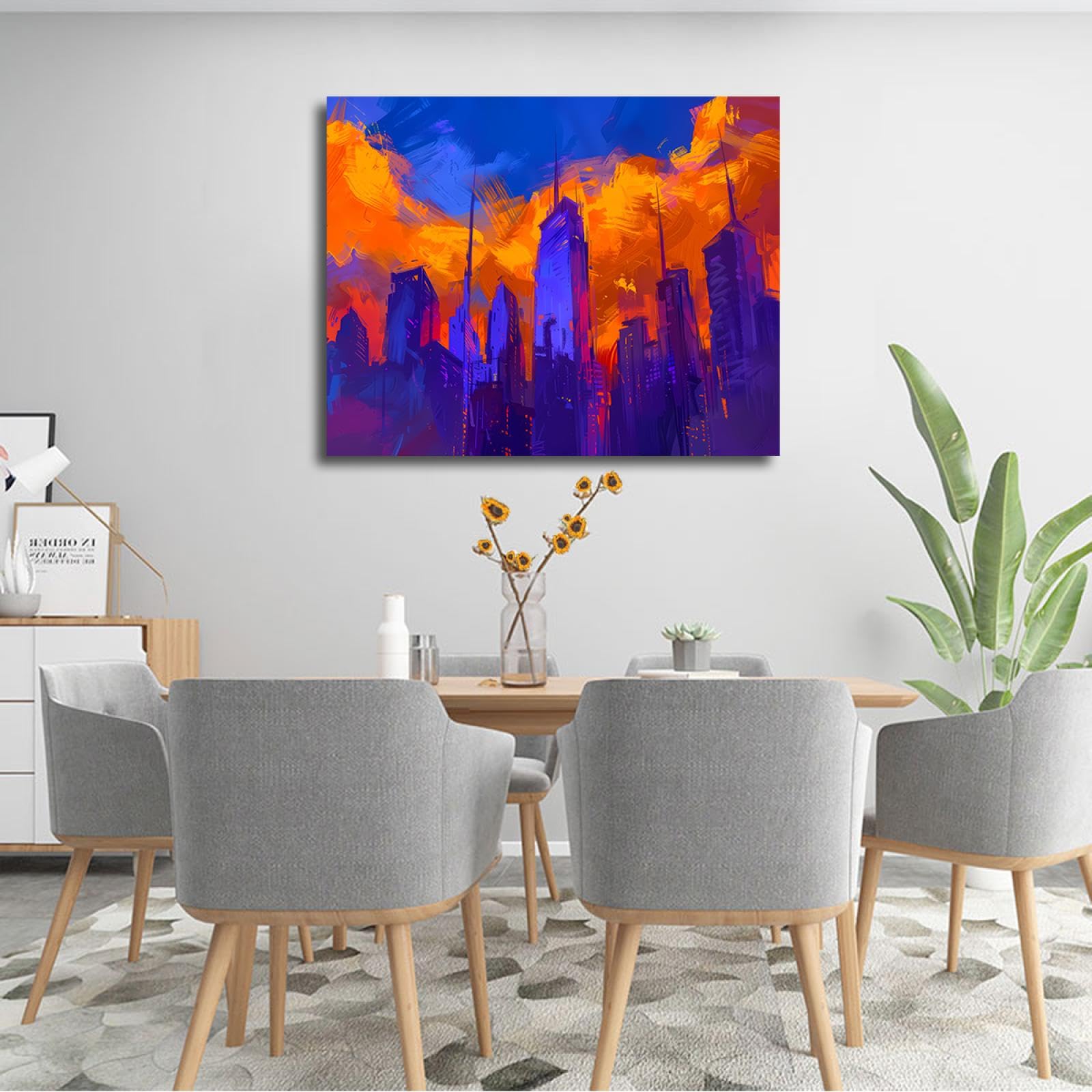 UIRINGART Bleu et Orange Aquarelle Toile Affiche Future Ville Scène Nuit Décor Mural Pour Chambre Salon Couloir Salle Bain Bureau 60x80cm Cadre Intérieur