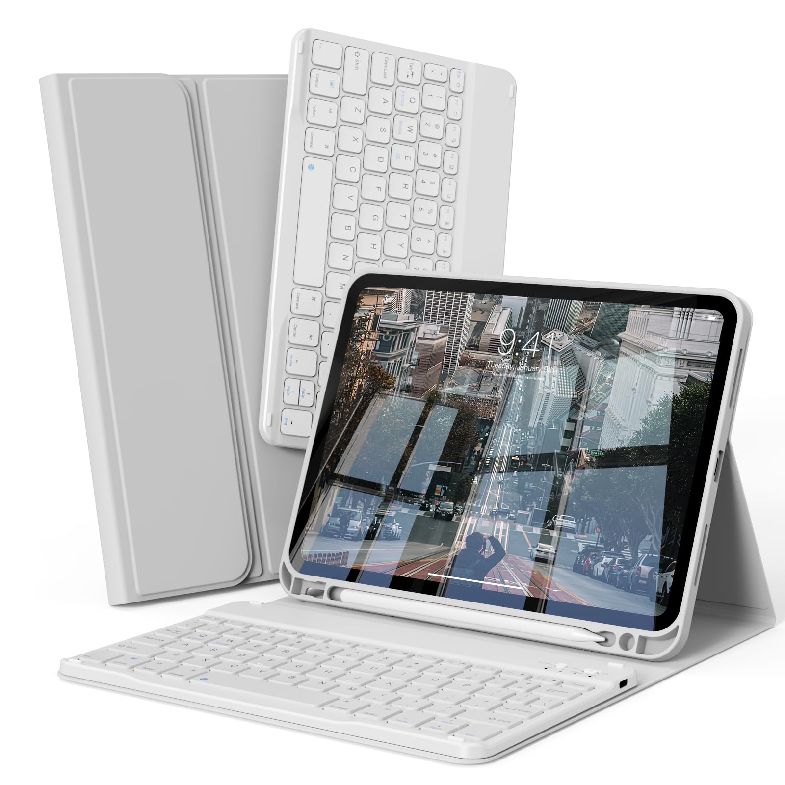Funda para iPad (A16) de 11ª/10ª generación con teclado, multiángulo, funda de teclado Bluetooth inalámbrico desmontable con soporte para lápiz para iPad A16 11/10.9 pulgadas 2025 2022 (gris)