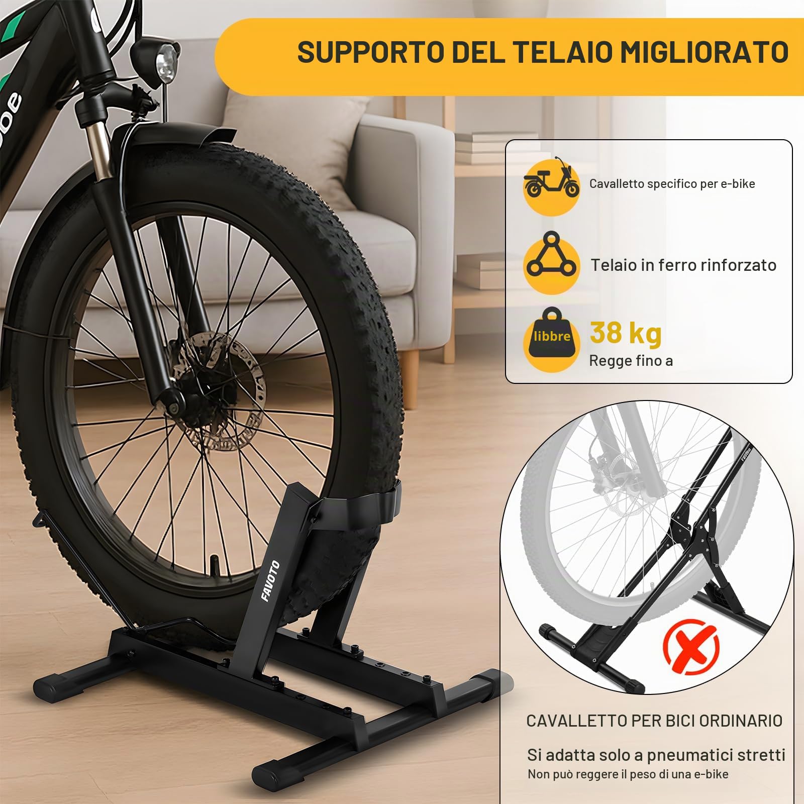 Favoto Cavalletto per E-Bike e Biciclette - Supporto da Pavimento per Bici Elettriche e Tradizionali 20-29 Pollici 38kg Nero