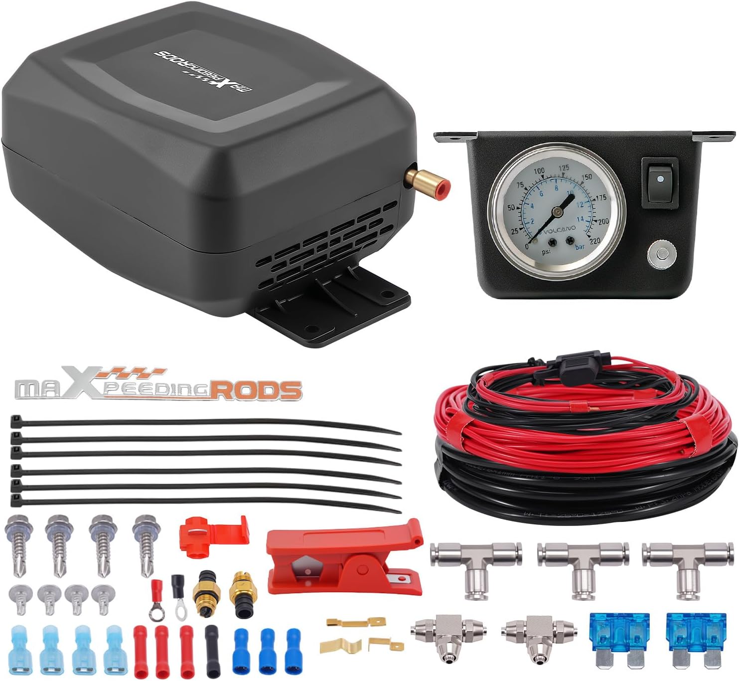 maXpeedingrods On Board Air Compressor System Universal Air Spring Compressor Kit with Gauge Air Line T Fittings for Trucks Vans