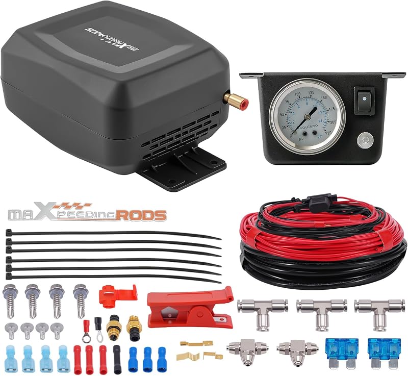 maXpeedingrods Sistema de compresor de aire a bordo Kit de compresor de resorte de aire universal con accesorios en T de línea de aire de calibre para camiones furgonetas | con accesorios en T de línea de aire de calibre universal para camiones furgonetas