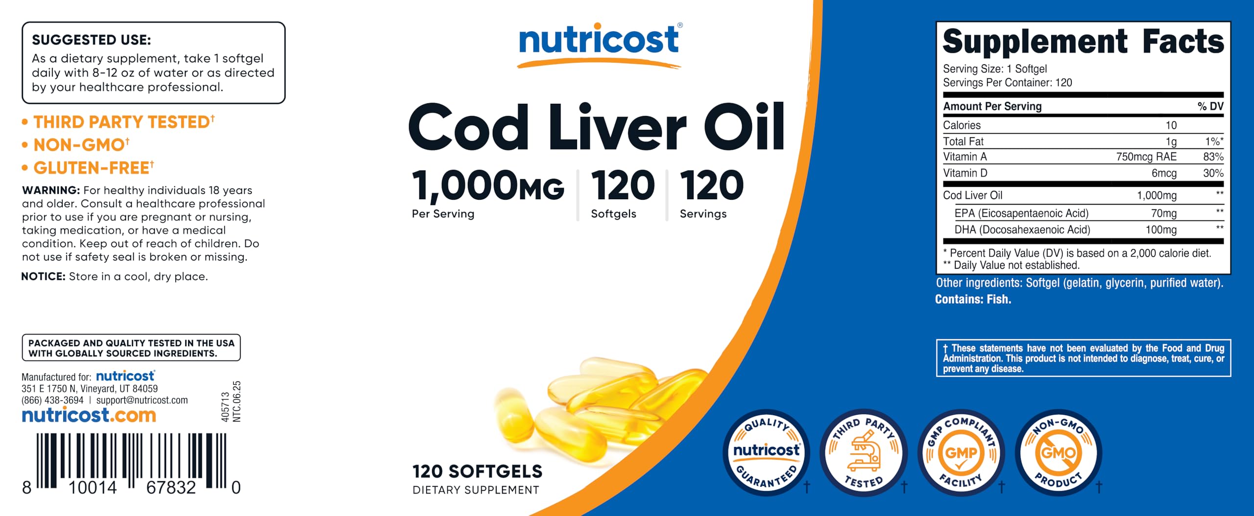 Nutricost Cod Liver Oil 1000mg, 120 Softgels - Non-GMO & Gluten Free — Amazon image 6
