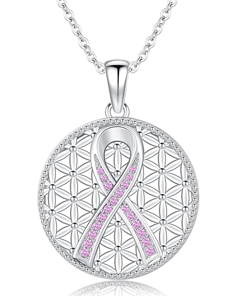 LES OSEWA Cancer Necklace Gifts for Women 925 Sterling Silver Cancer Awareness Pendant Pink Ribbon Necklace Jewelry Strength Inspirational Gifts for Cancer Survivors with 18