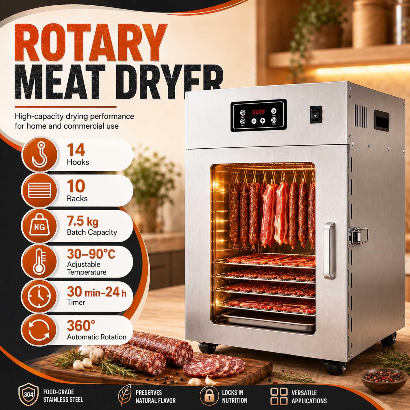 Dry Ager Für Fleisch Mit 360°-Luftstrom Und 30–90 °C Regelung Withgrid | 800 W Edelstahl-Reifeschrank Mit 30–90 °C, 24-H-Timer, 360°-Heissluft, 14 Haken Und 5–7,5 Kg Kapazität.