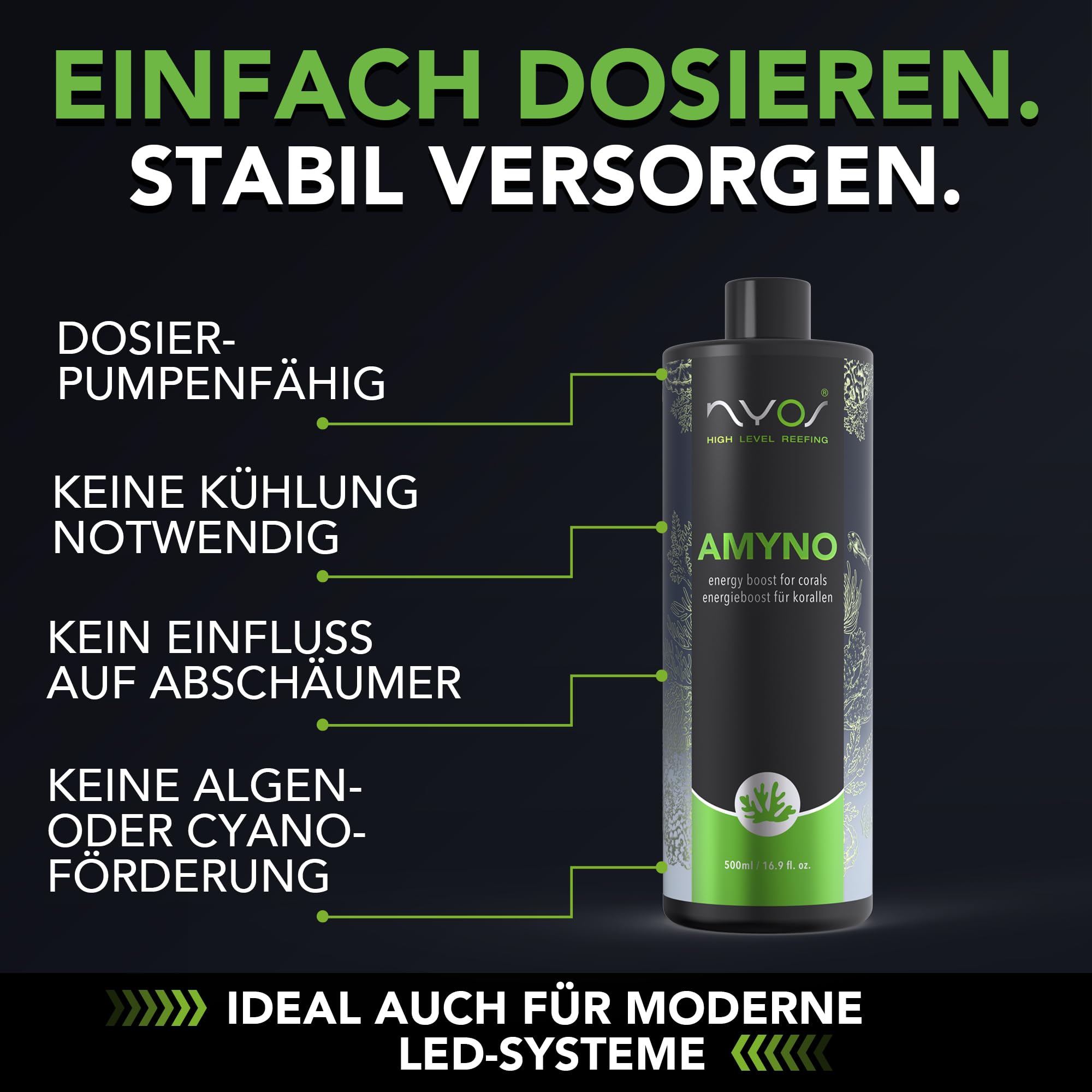 Nyos AMYNO - Organische Versorgung für Korallen - Aminosäuren für Meerwasseraquarien, Wachstum & Farbe, für alle Korallenarten geeignet, 500 ml