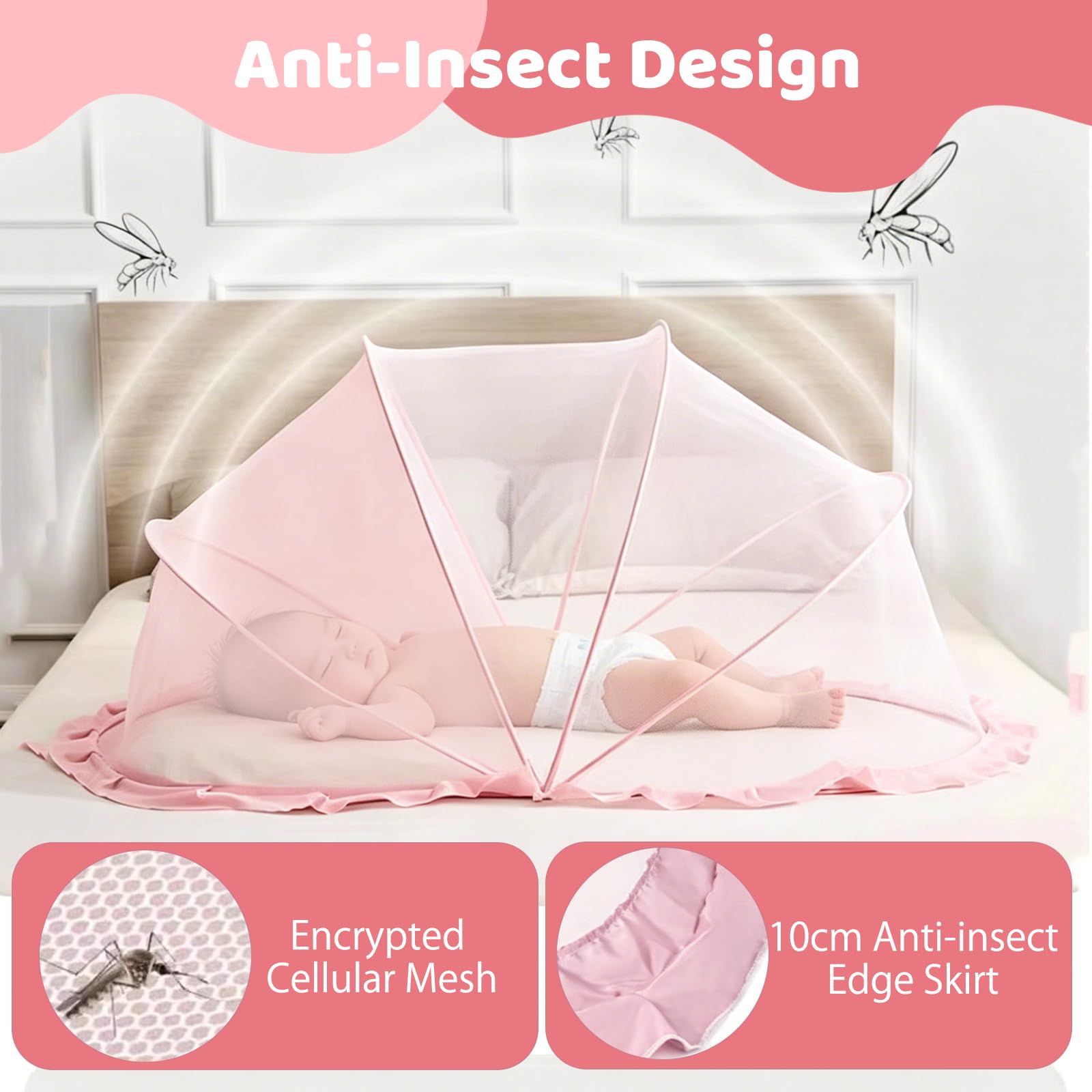 Zanzariera Pop Up 125 × 65 × 60 cm, Semi Ombreggiante, Pieghevole e Portatile, Zanzariera per Culla Neonato, Zanzariera Traspirante per Bambini, Adatta per Letti e Viaggi (Rosa)