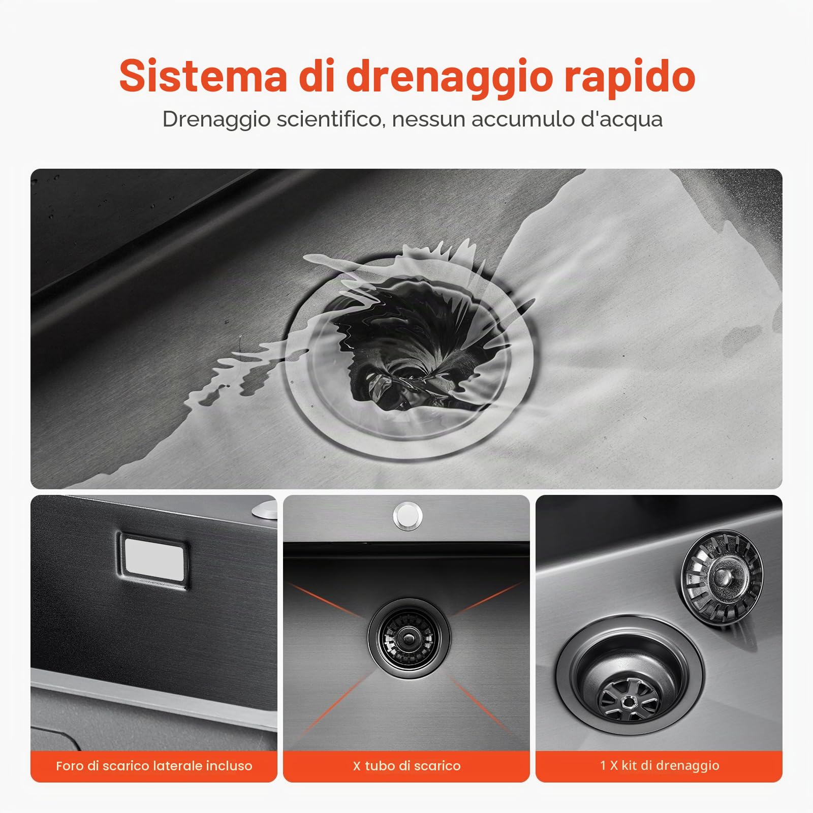 VEVOR Lavello da Cucina da 55 cm Lavello da Cucina in Acciaio Inossidabile 304 con Montaggio dall'Alto, Lavello Singolo da Incasso in Stile Country con Accessori, Lavello Domestico per Camper, Nero