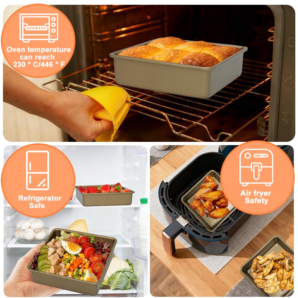 Set di 2 Teglie da Forno Quadrate Oro Quadrata Profonda Teglia da Forno Acciaio al Carbonio 15×15×4.5 cm Teglia quadrata con fondo removibile,Quadrata,per lasagna/torta/toast