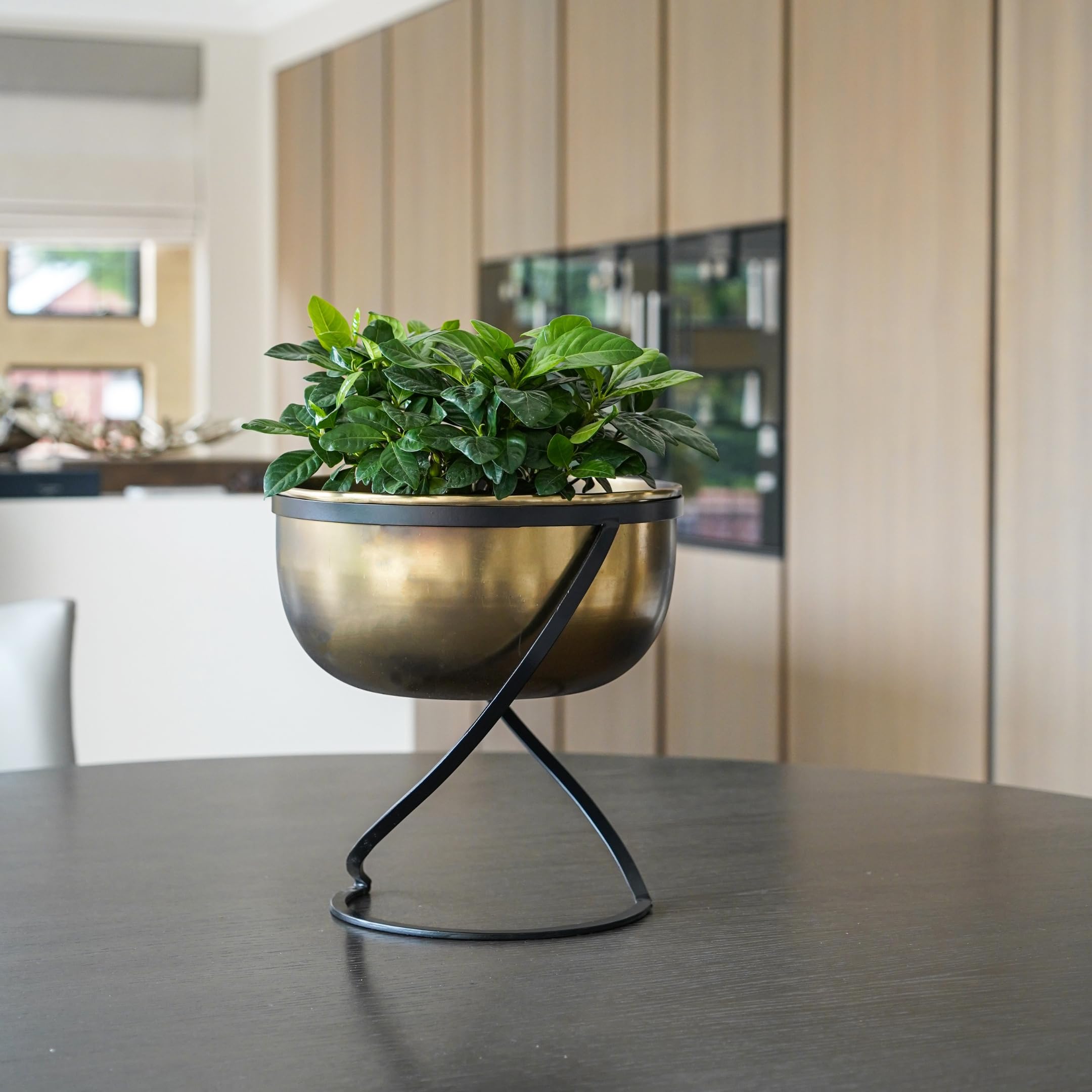 Ivyline Indoor Kensington Brass Metal Round Planter On Stand - 28Cm