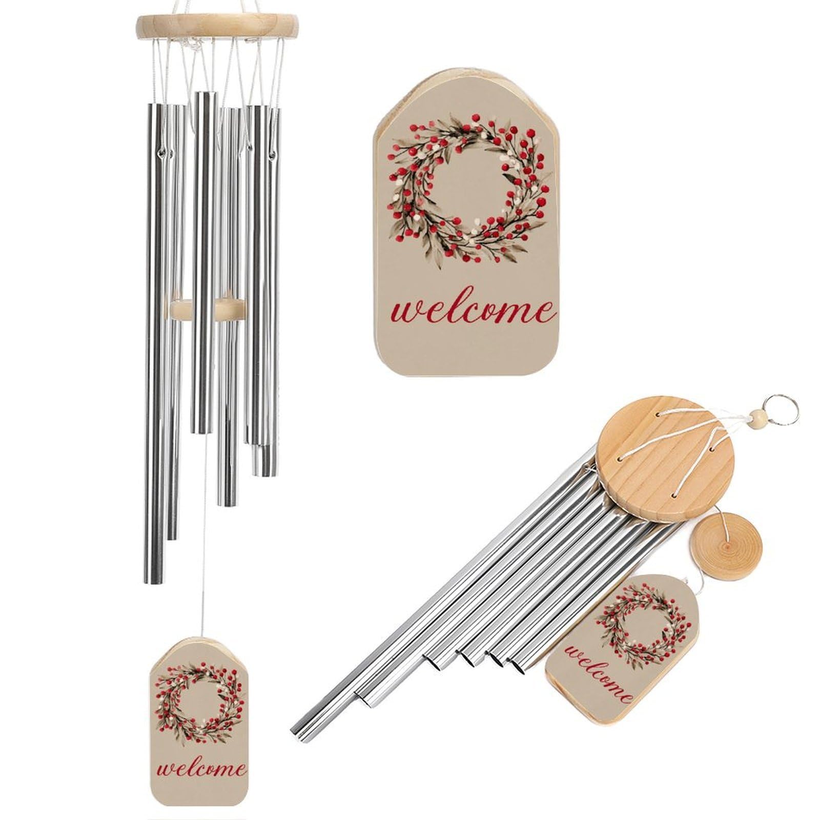 Floral Wreath with Red Berries Word Welcome Wind Chimes Memorial Deep Tone Windchime with 6 Aluminum Tubes Outdoor Backyard Garden Decoration