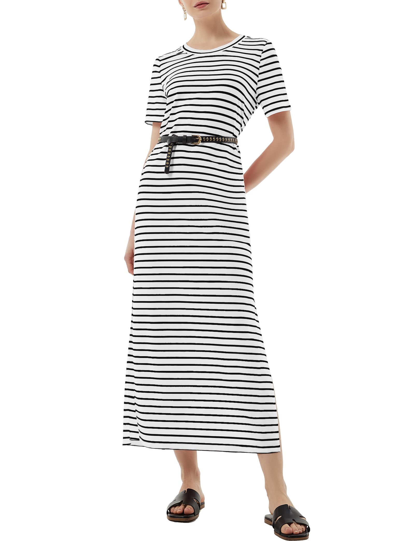 Casly Lamiit Women's Short Sleeve Double Split Maxi Dress 2025 Summer Casual Plain Striped Loose Long T Shirt Dresses