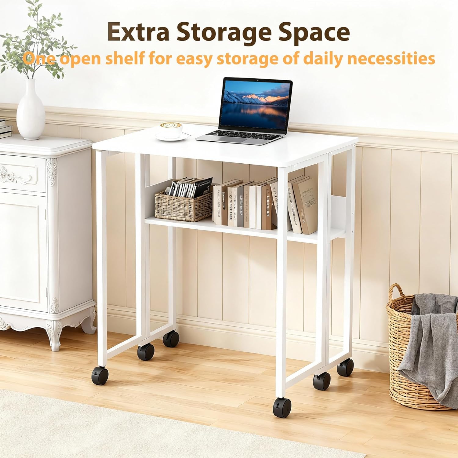 Garvee Escritorio Plegable - Mesa Escritorio 24.8 Pulgadas, Material Ecológico de Calidad, Multifunción con Almacenamiento, Móvil y Compacto, Soporte 135 Libras, Color Blanco