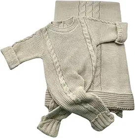Saída Maternidade Recem Nascido Macacão e Manta Trança Tricot - Unissex,areia