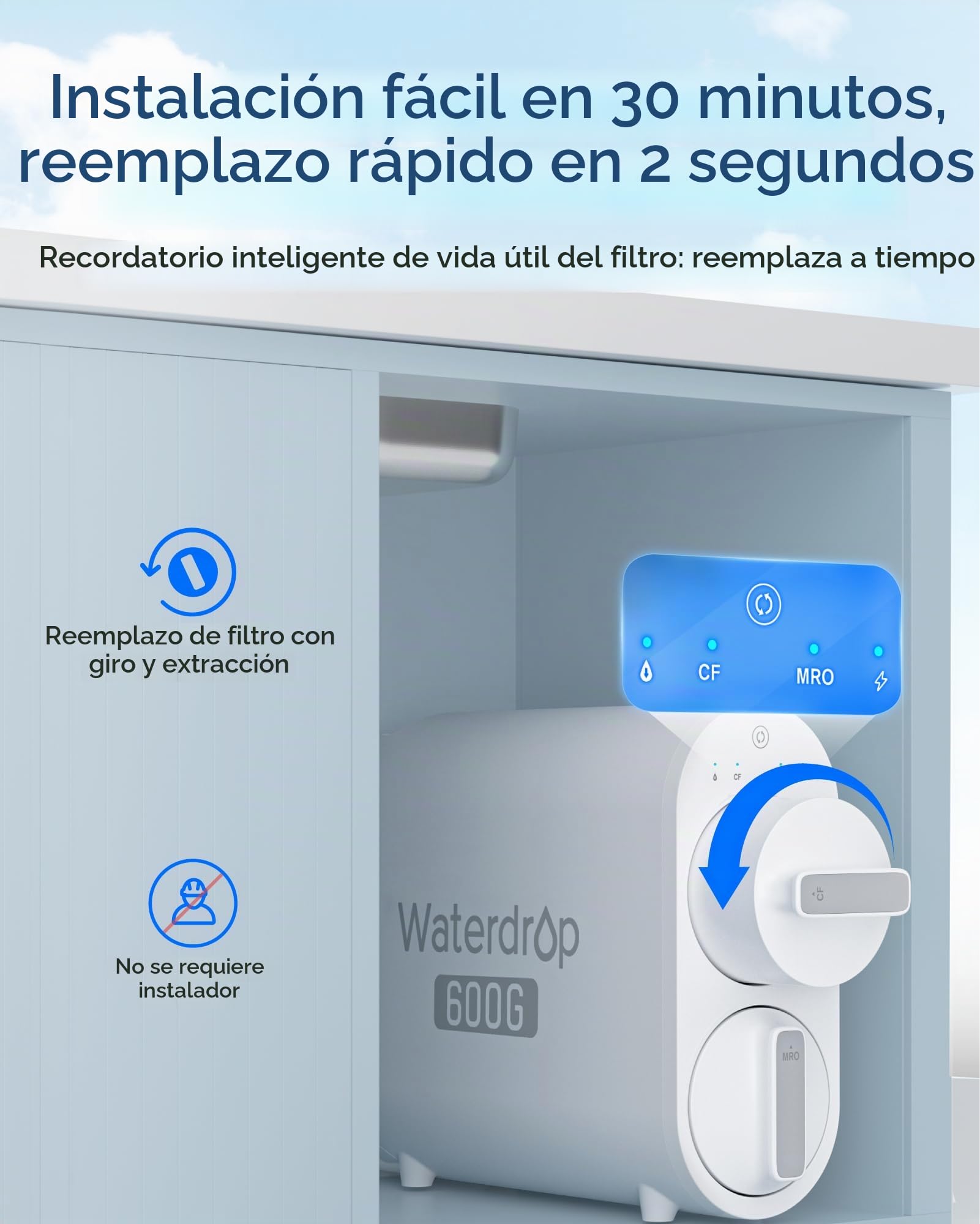 Waterdrop Filtro WD-G2CF, 12 Meses de Vida útil, reemplazo para el Sistema de ósmosis inversa WD-G2-B, WD-G2-W