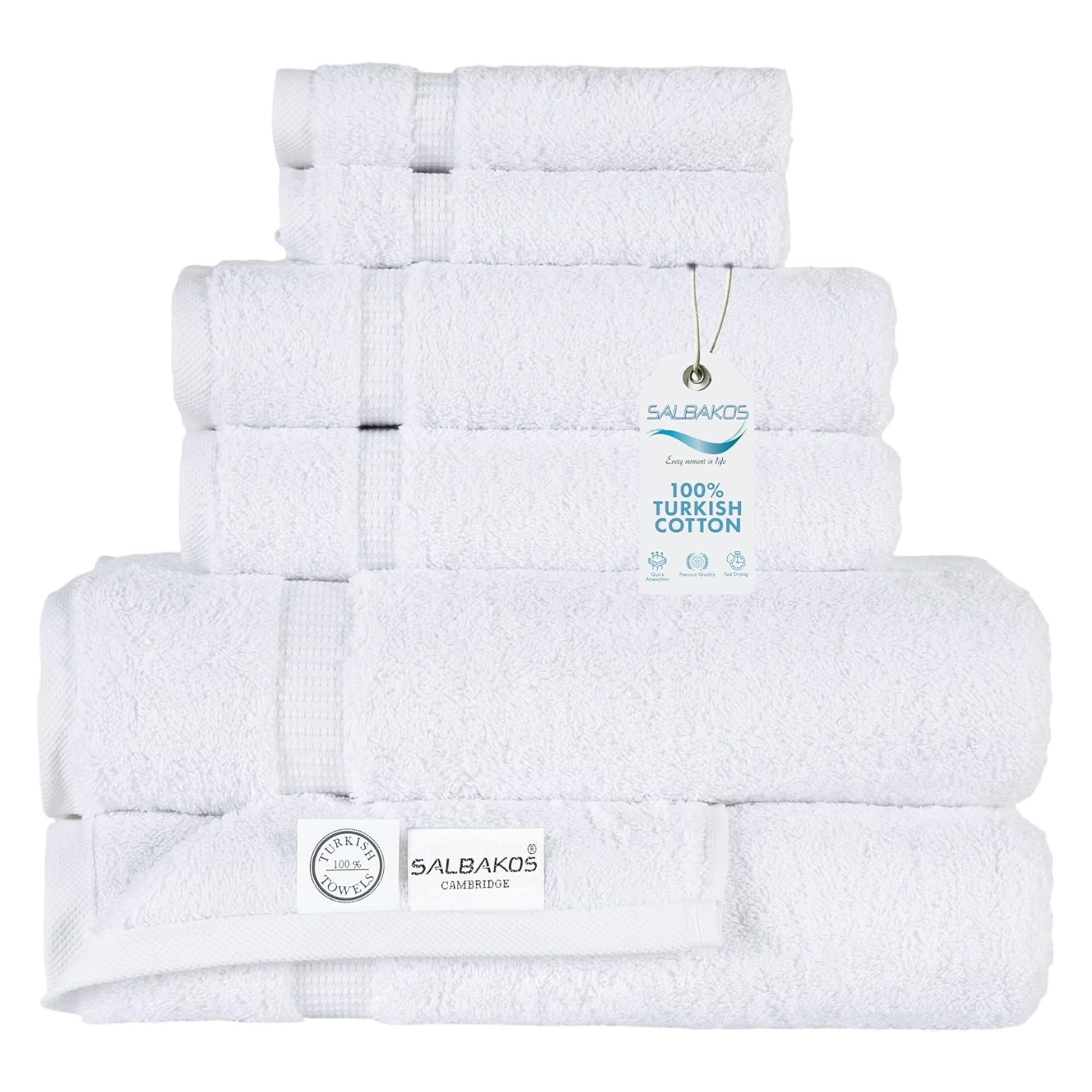 SALBAKOS 100% Turkish Cotton Bathroom Towel Set of 6 White | Premium Quality Turkish Towel Set for Gift | Hotel Collection Bath+Hand+Washcloth Towel